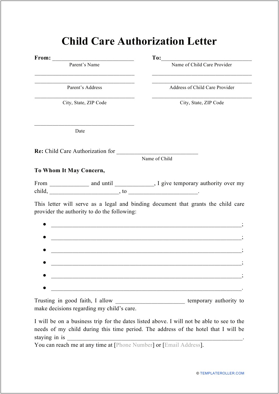 Letter Template For Parents To Give A Babysitter