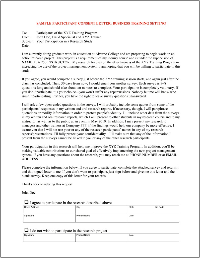 Letter Template For Particiapants In A Study