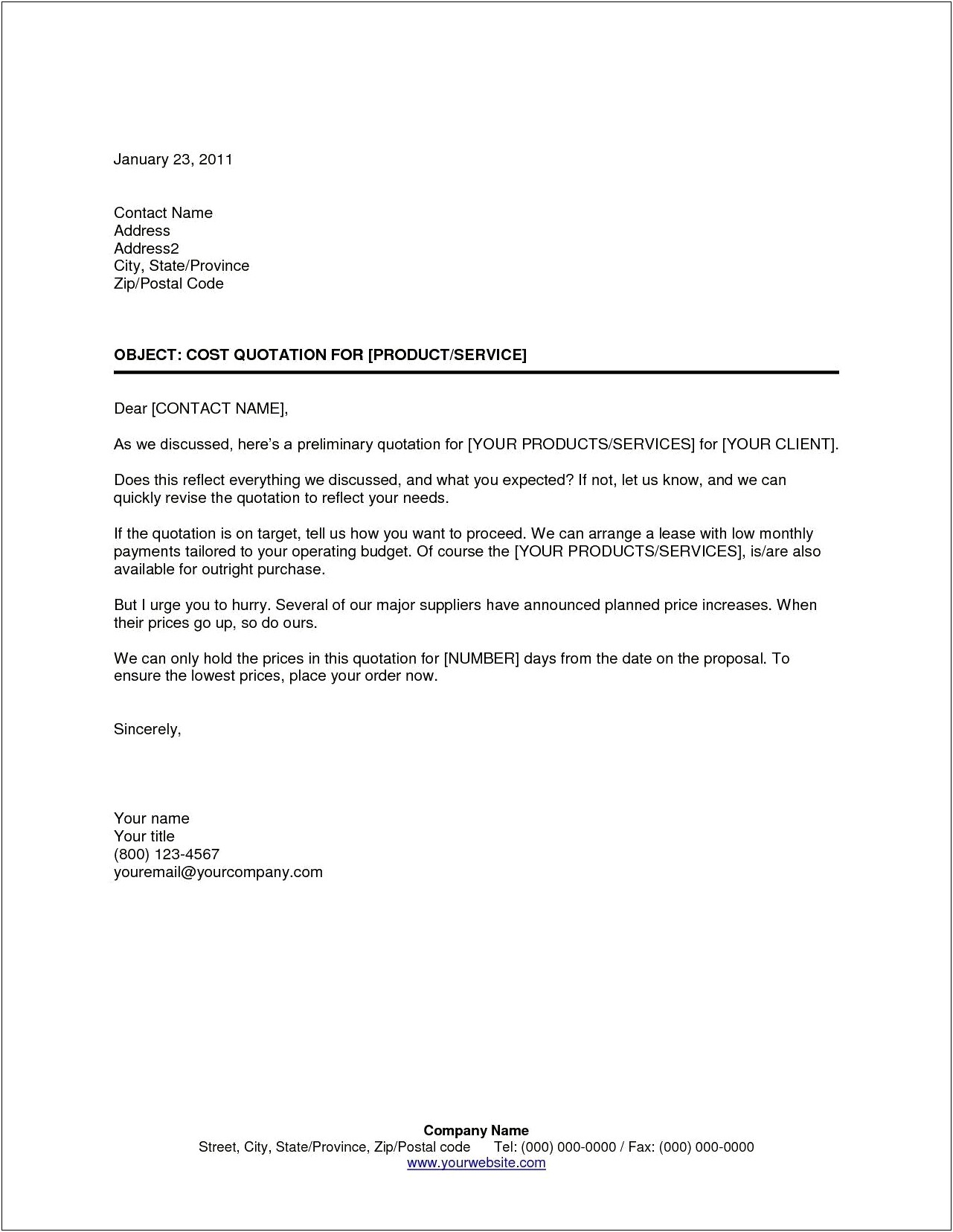 Letter Template For Quoting A Job