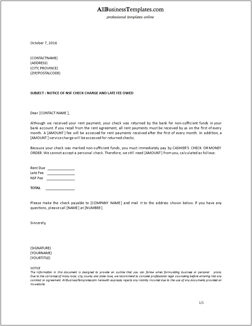 Letter Template For Returned Check For Nsf