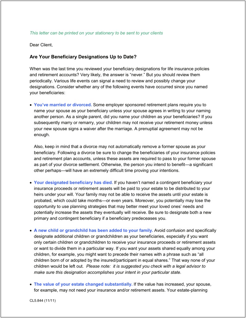 Letter Template For Sending Information For Life Insurance