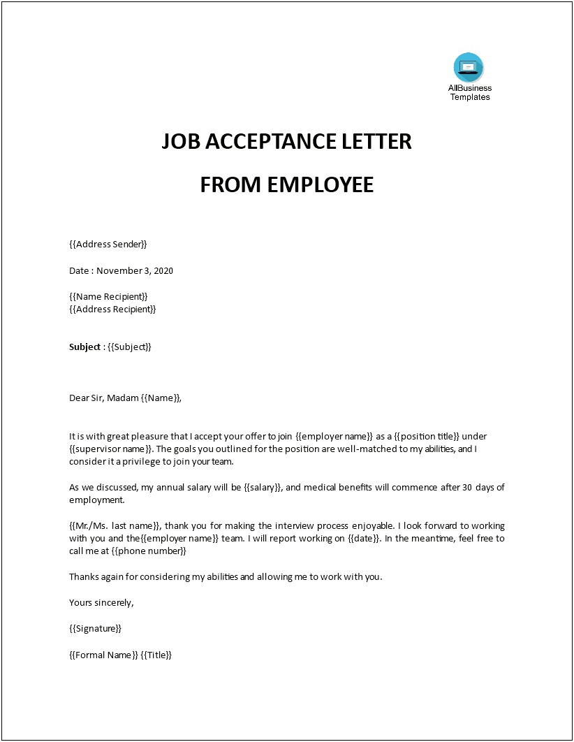 Letter Template To Accept Job Offer