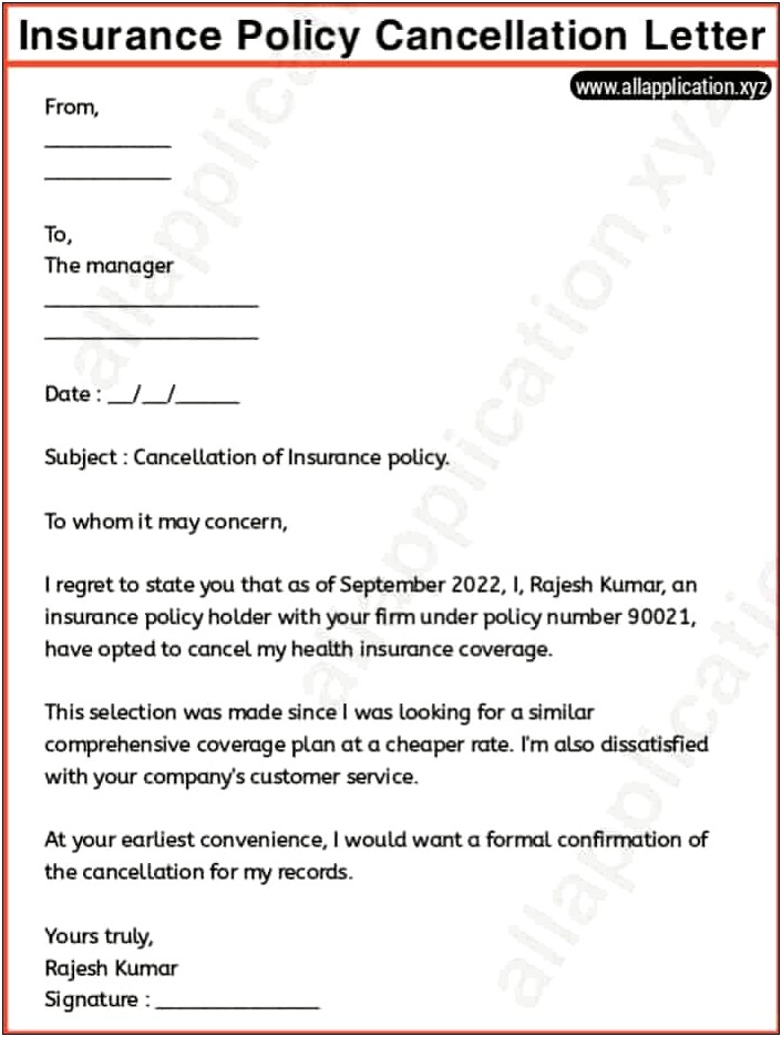 Letter Template To Cancel Term Insurance