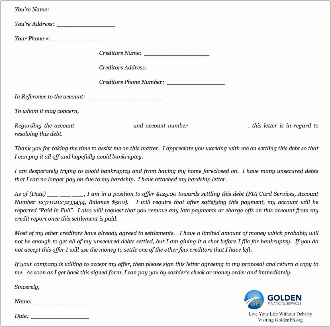 Letter Template To Counter Offer Debt Settlement