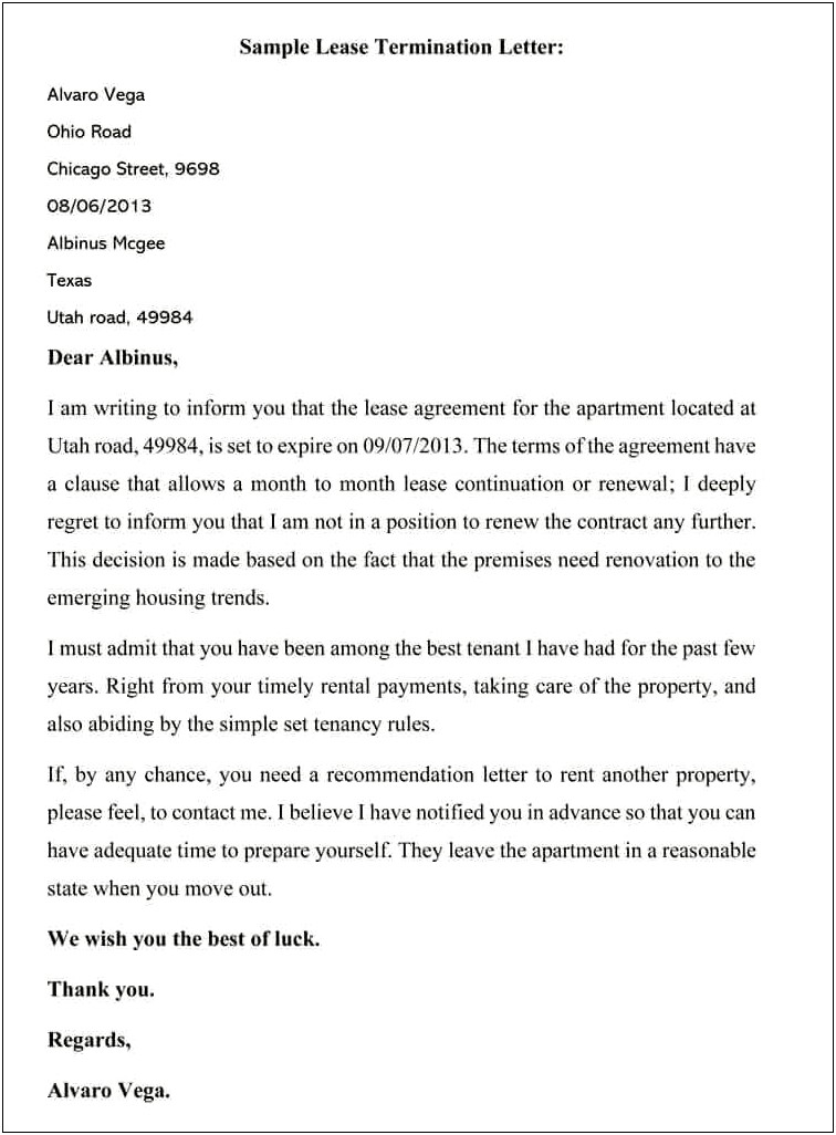 Letter Template To Give Tenants Notice To Vacte