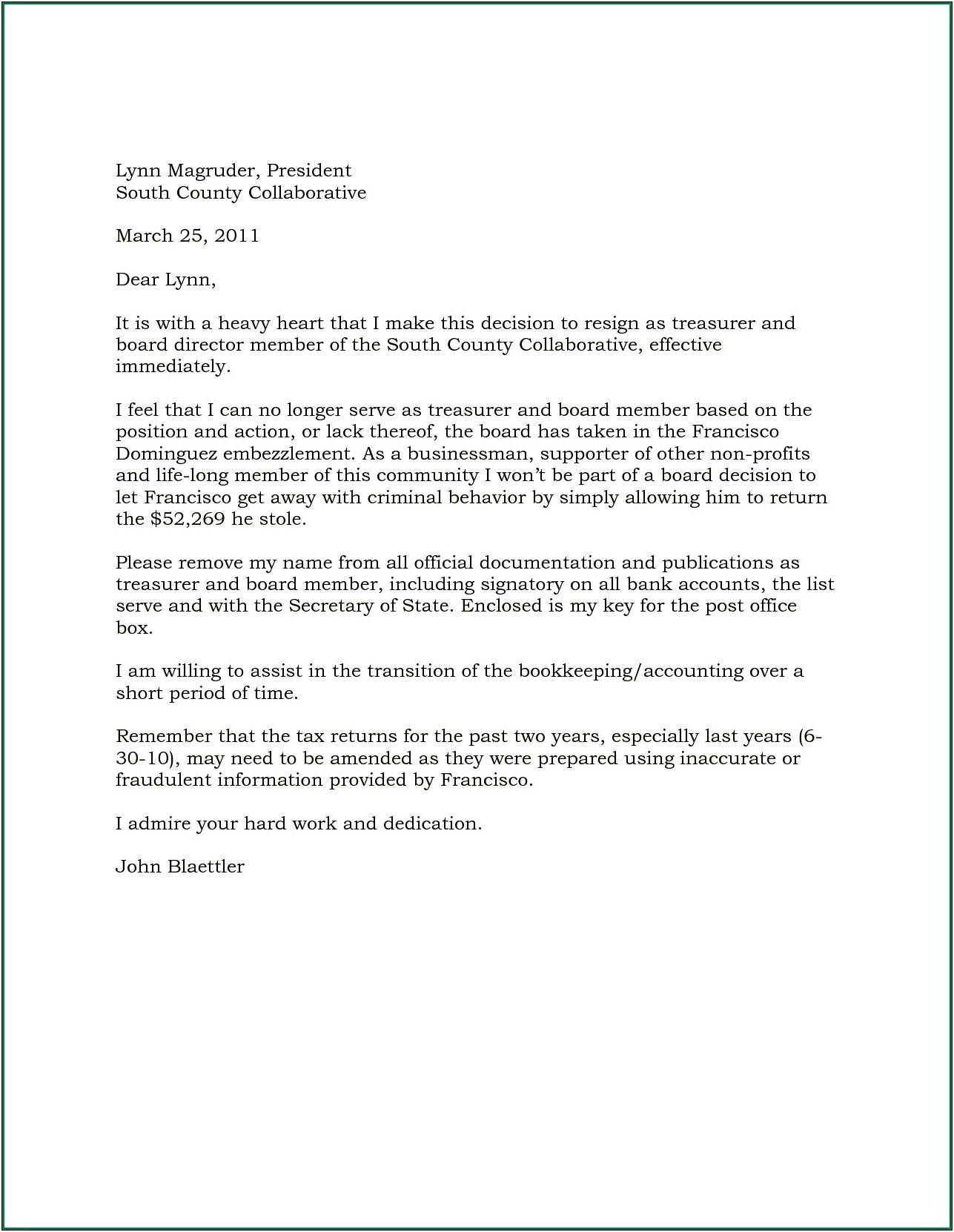 Letter Template To Remove Hoa President