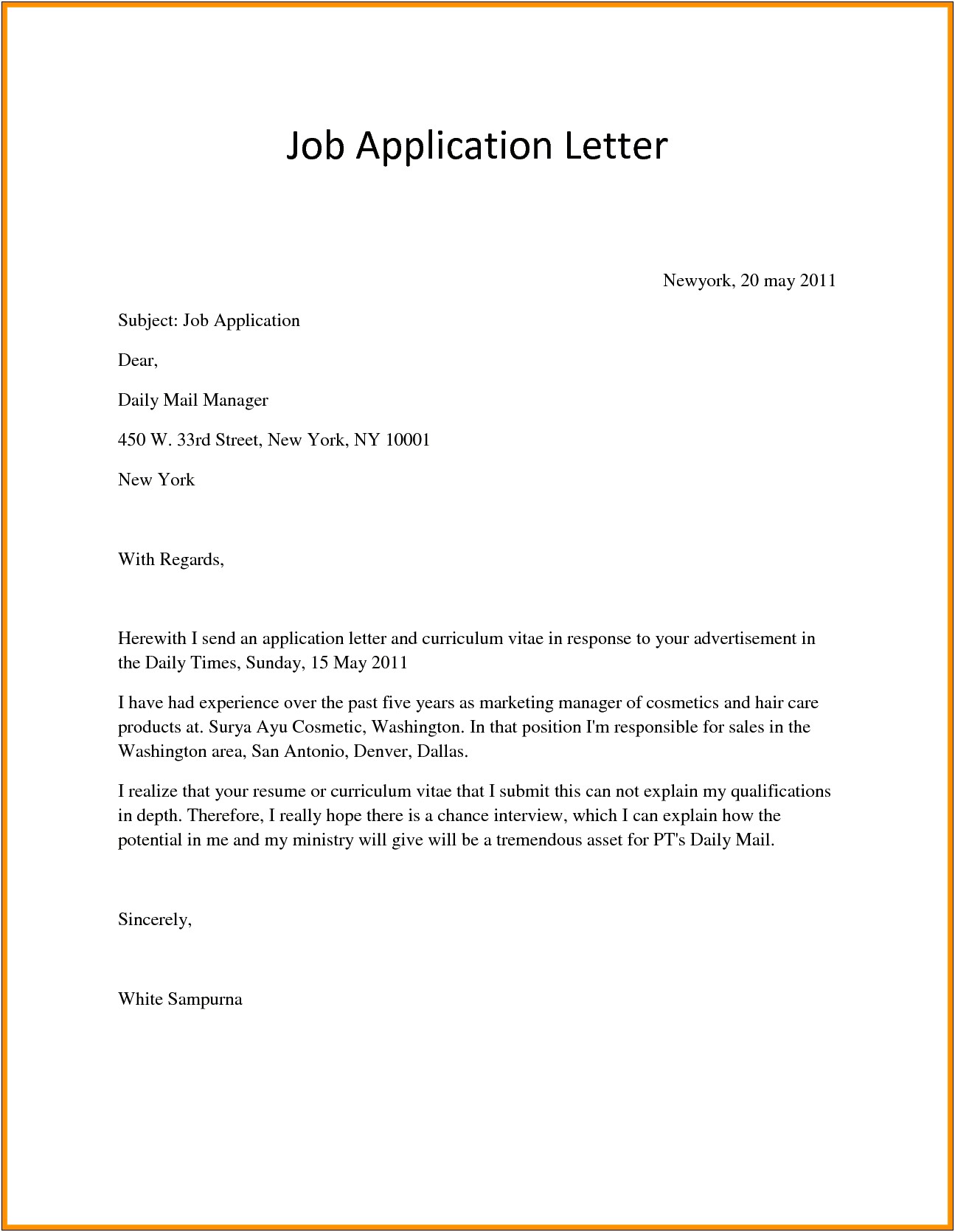 Letter To Apply For Job Template