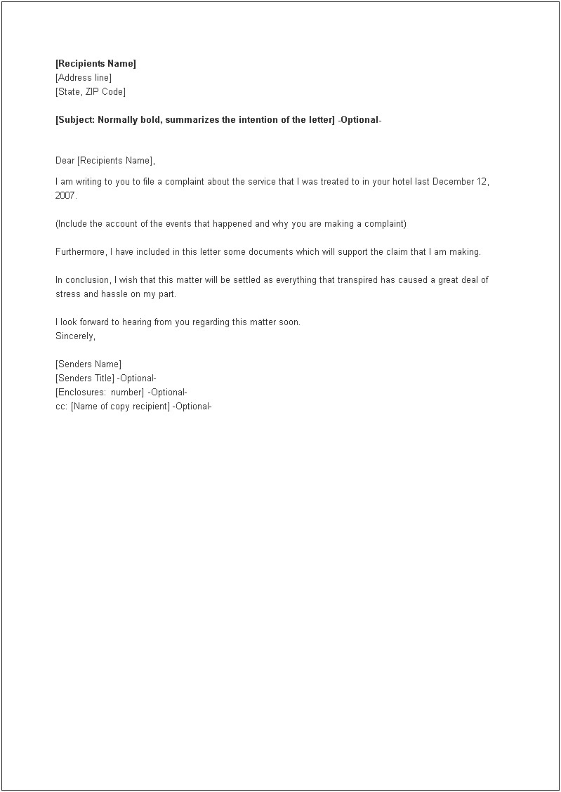 Letter To Customer Service Customer Complaint Template