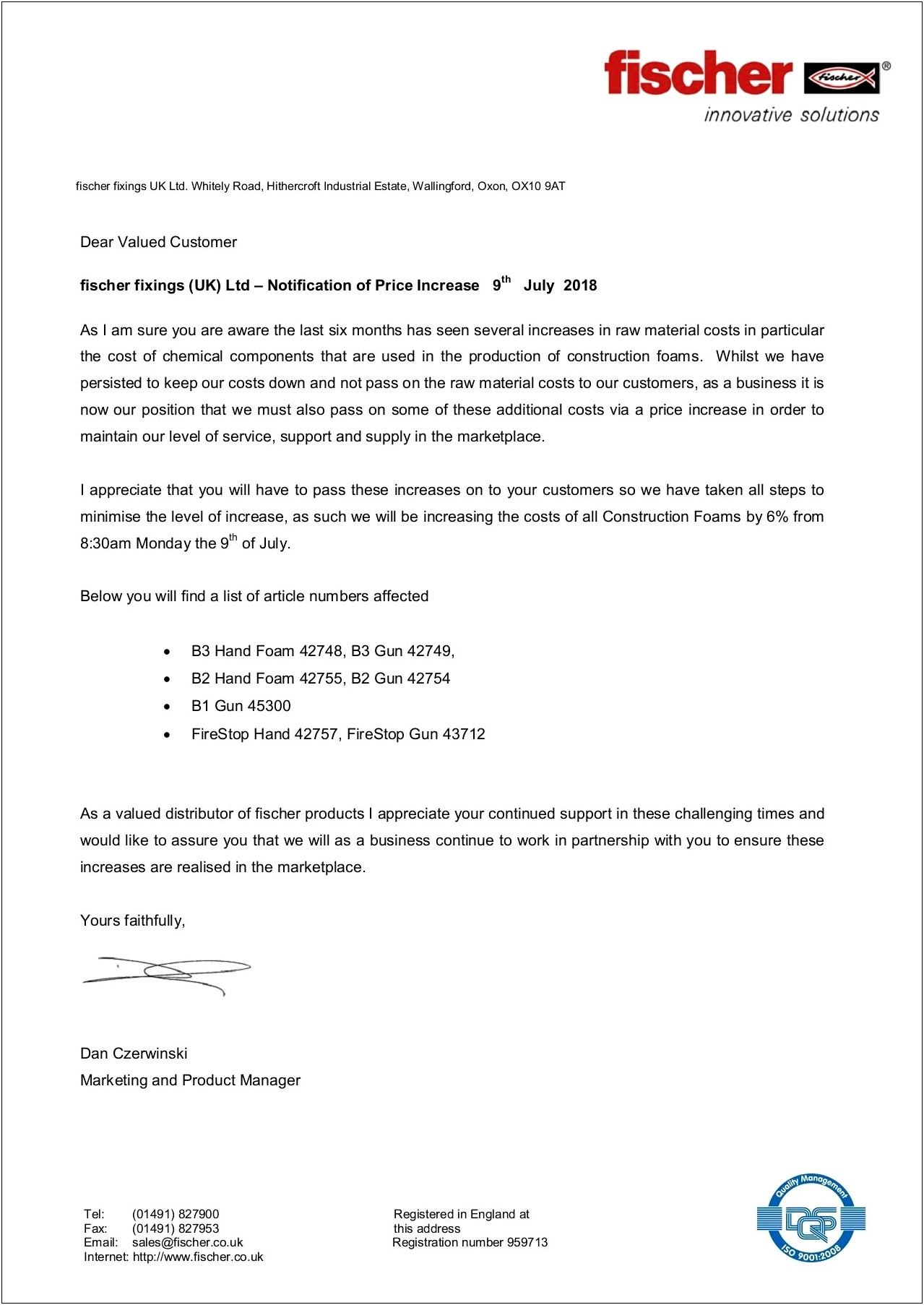 Letter To Customers To Increase Rates Template