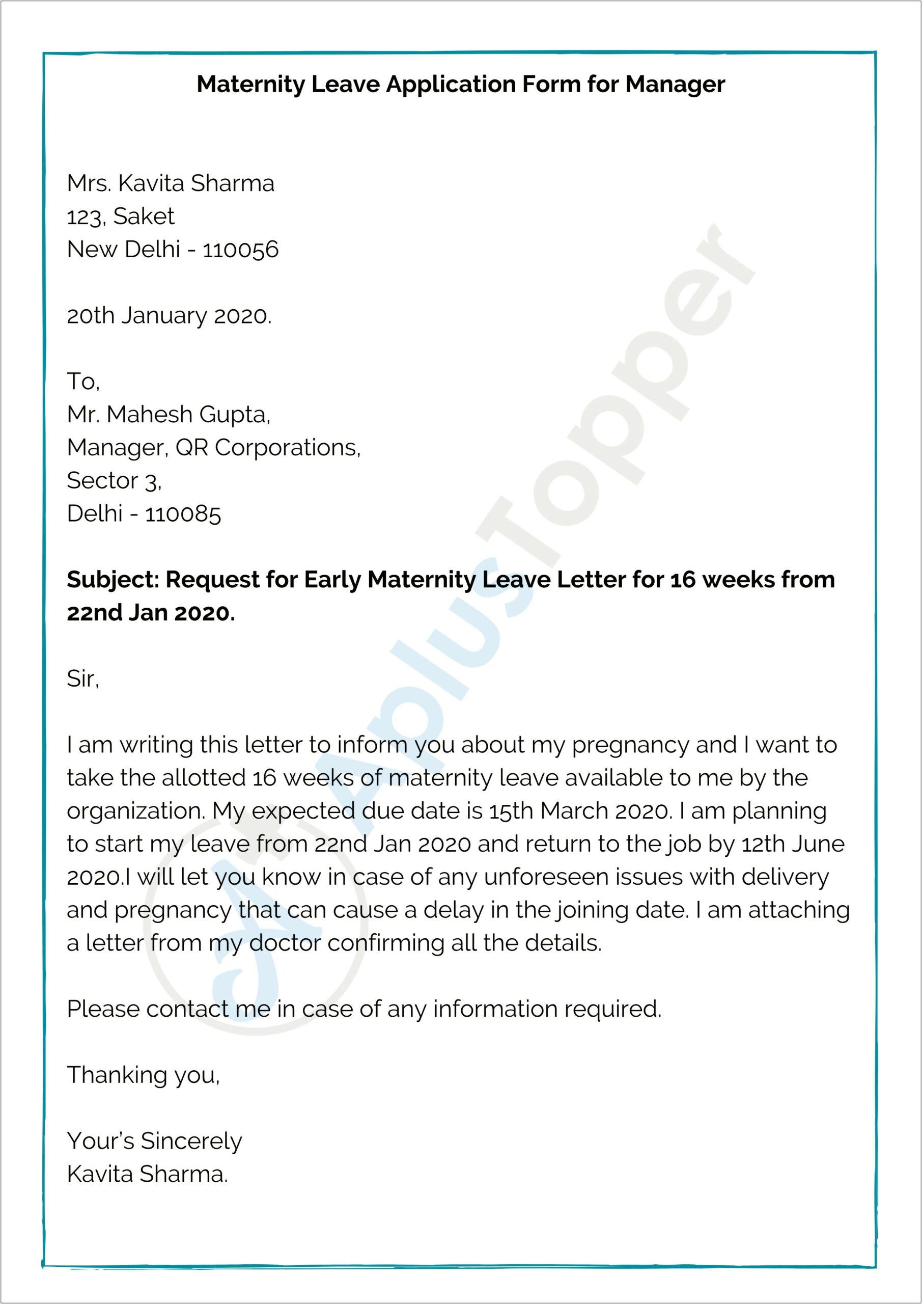 Letter To Employer Maternity Leave Template Teacher