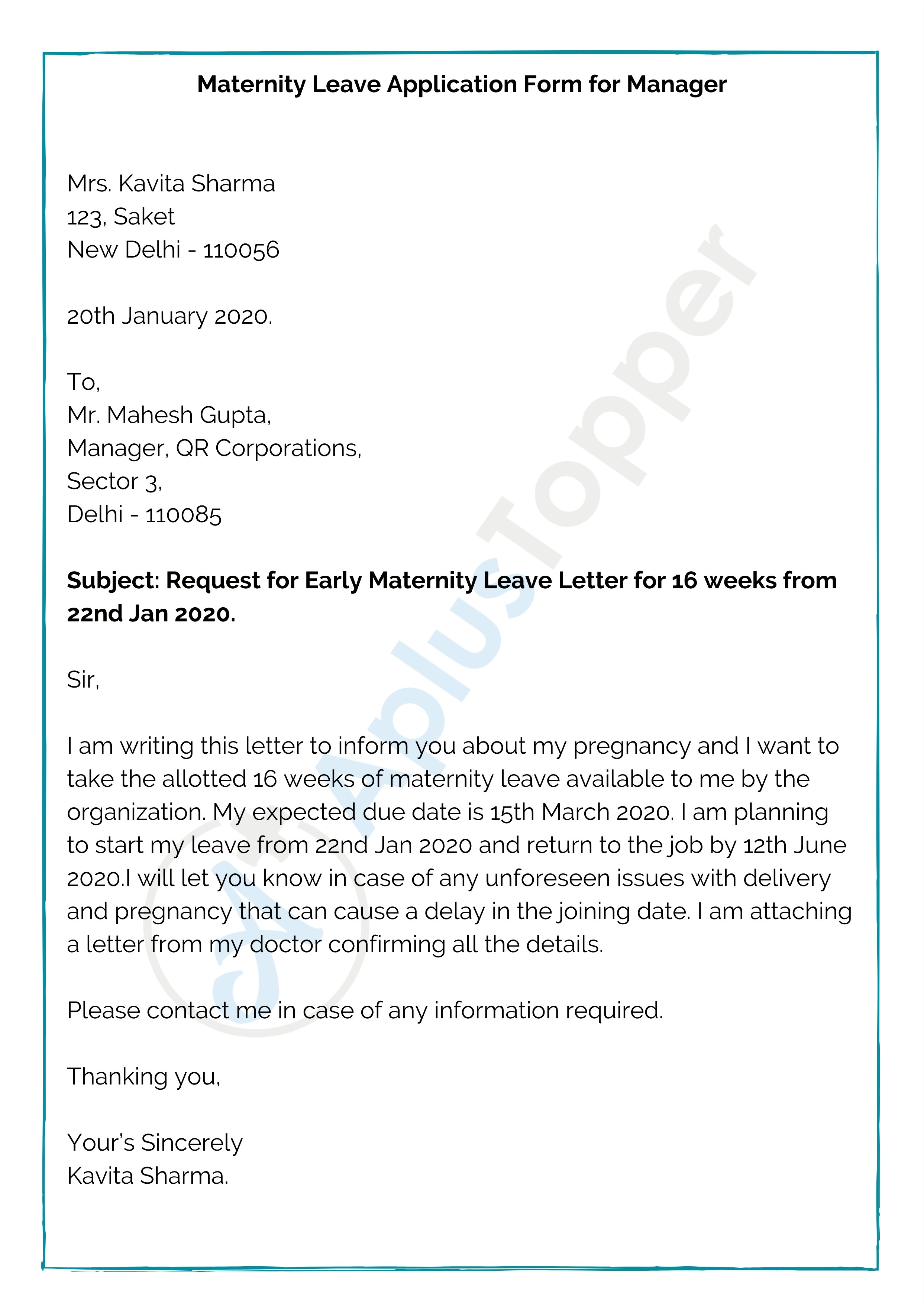 Letter To Employer Maternity Leave Template Teacher