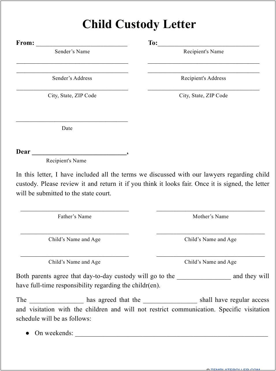 Letter To Enforce Child Custody Agreement Template