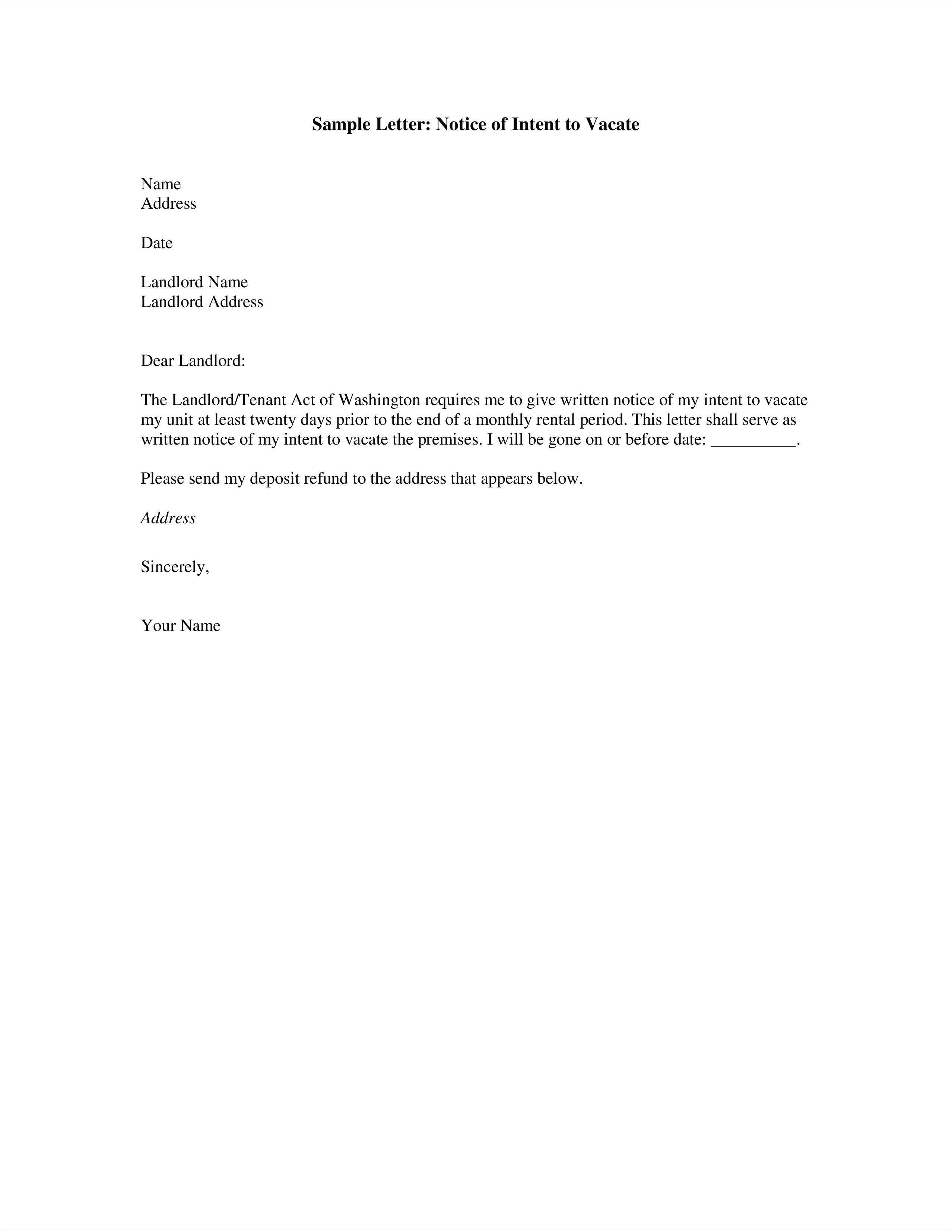 Letter To Give Notice To Landlord Template