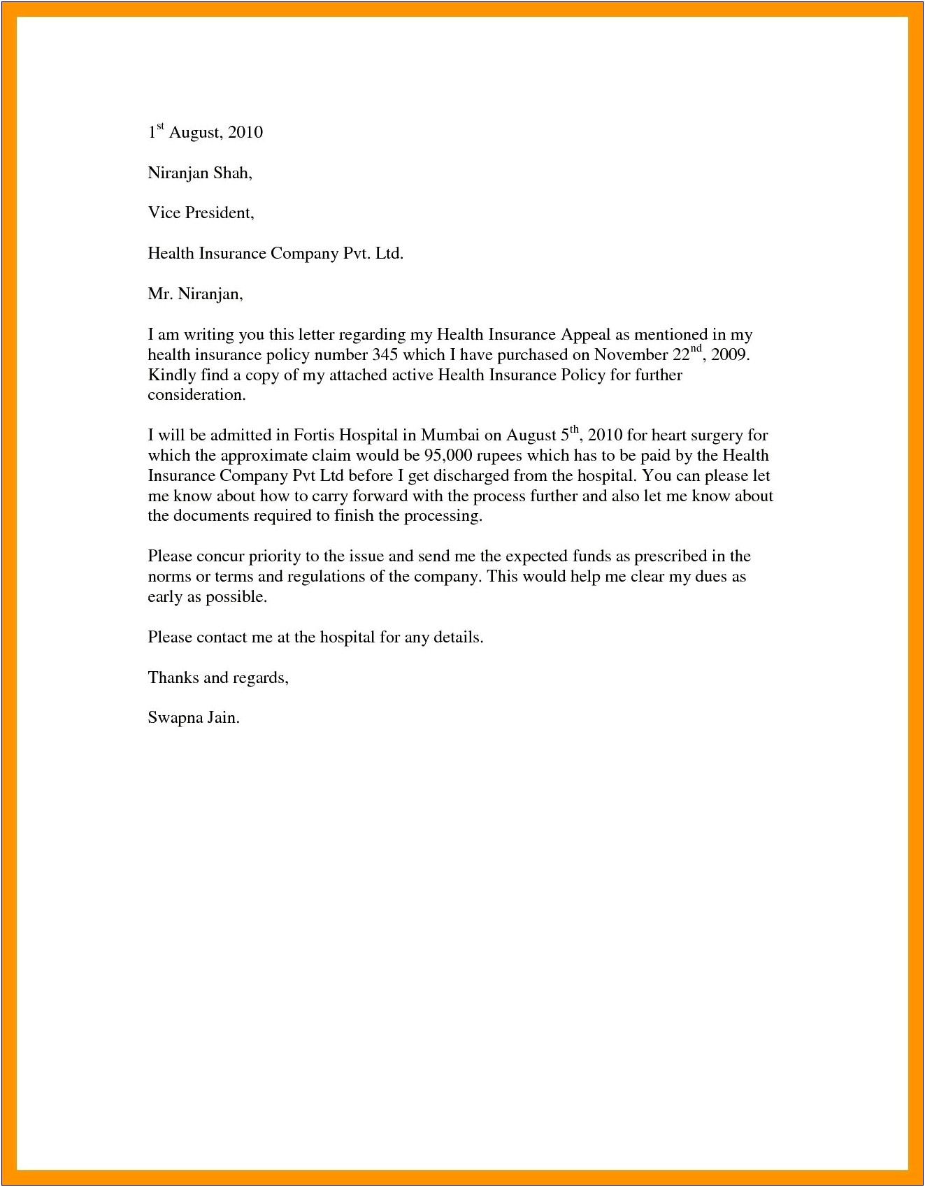 Letter To Health Insurance Company Template