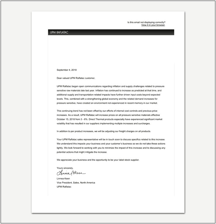 Letter To Inform Clients Of Price Increase Template