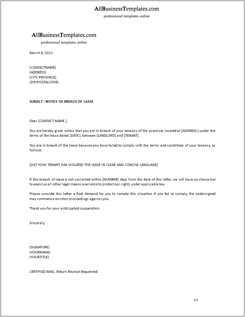 Letter To Landlord Breaking Lease Template