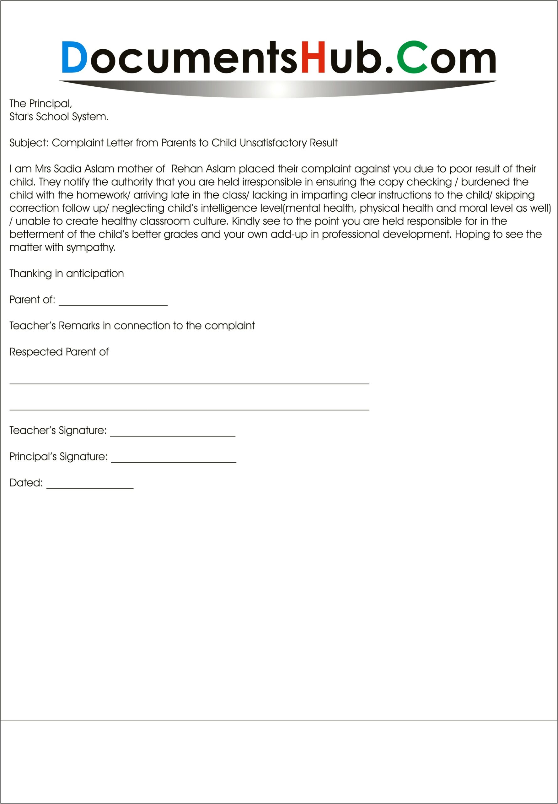 Letter To Parents Regarding Behavior Template