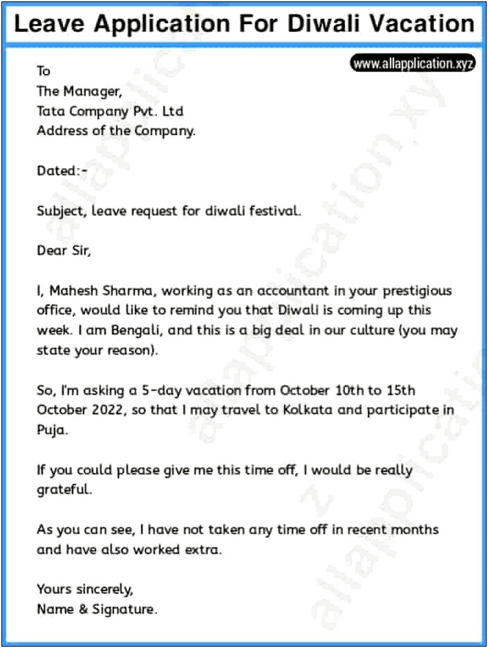 Letter To School For Holiday Leave Template