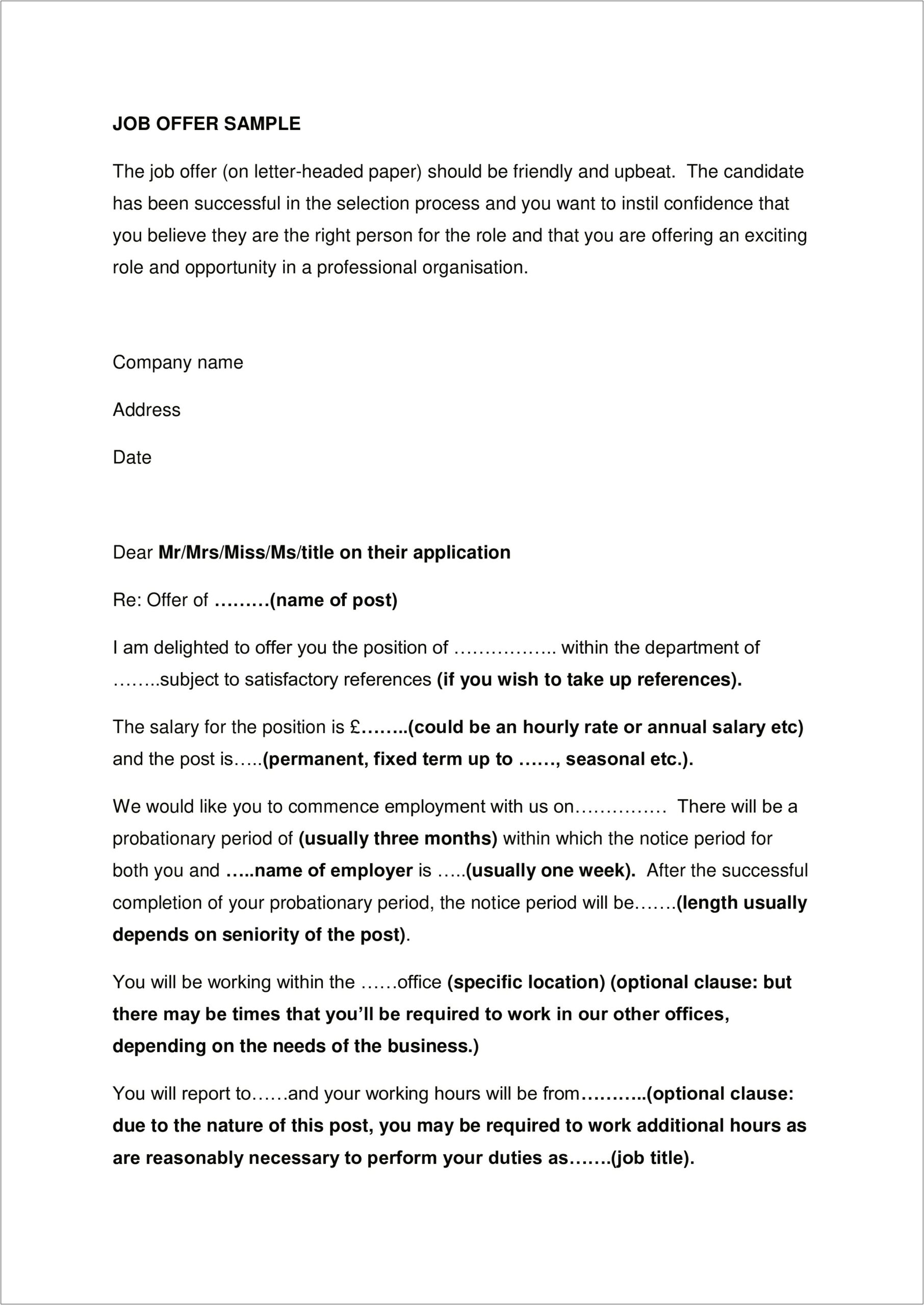 Letter To Successful Job Applicant Template