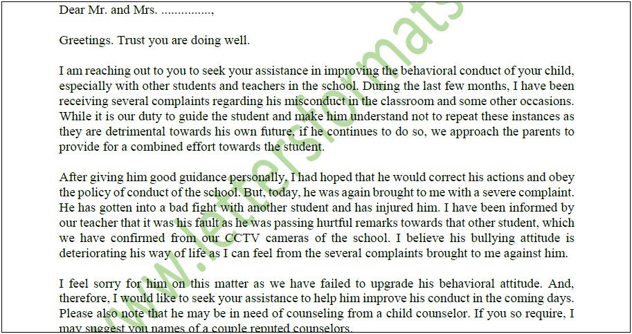 Letter To Teacher From Parent Concern Template