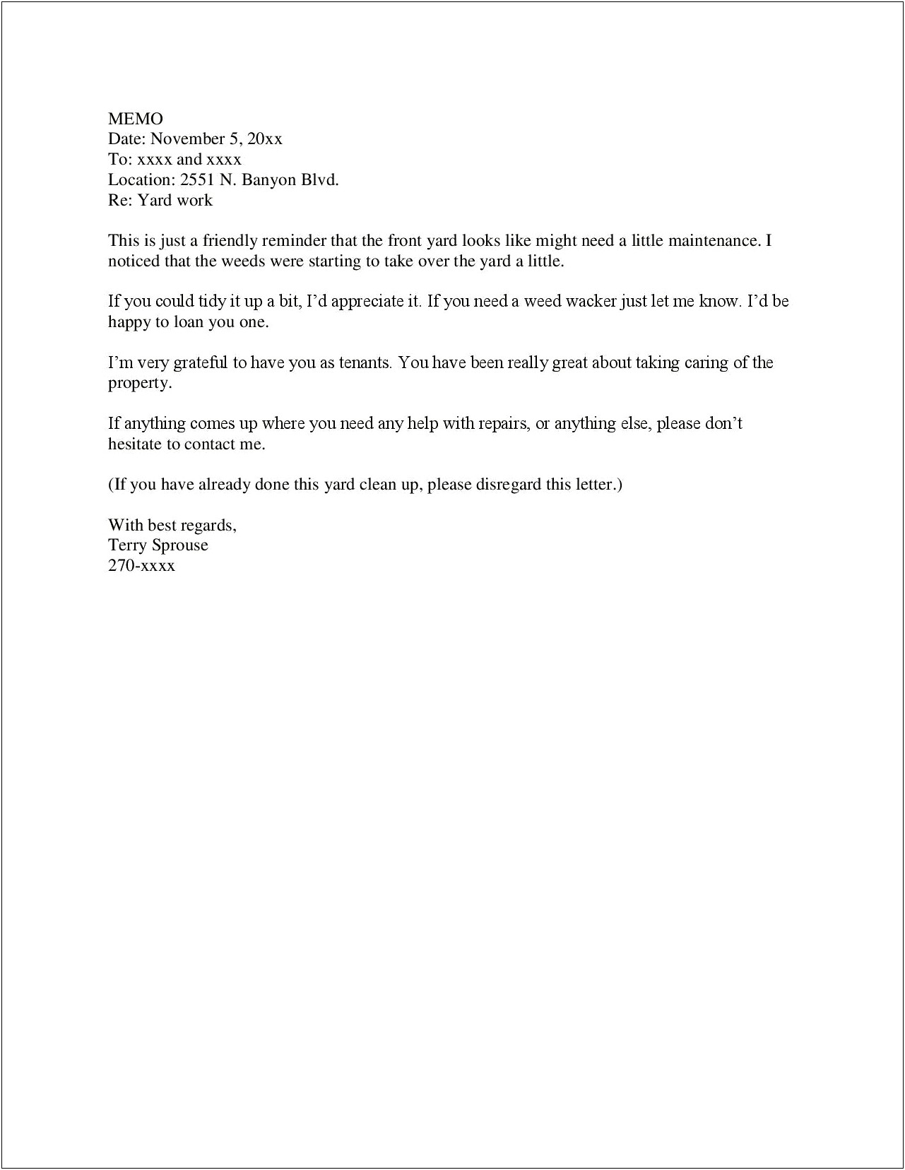 Letter To Tenant To Clean Up Template