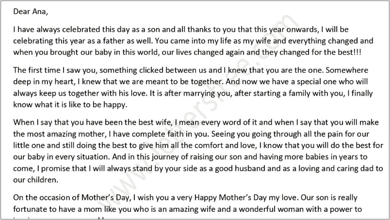 Letter To Wife On Mothers Day Template