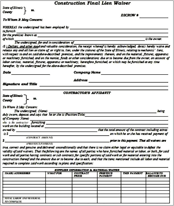 Lien Waiver Template For Microsoft Word