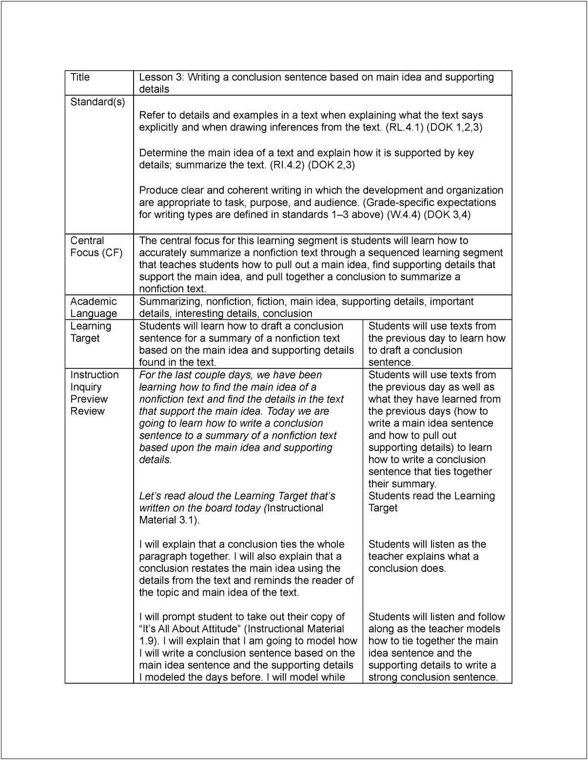 Literature Focus Unit Lesson Plan Template