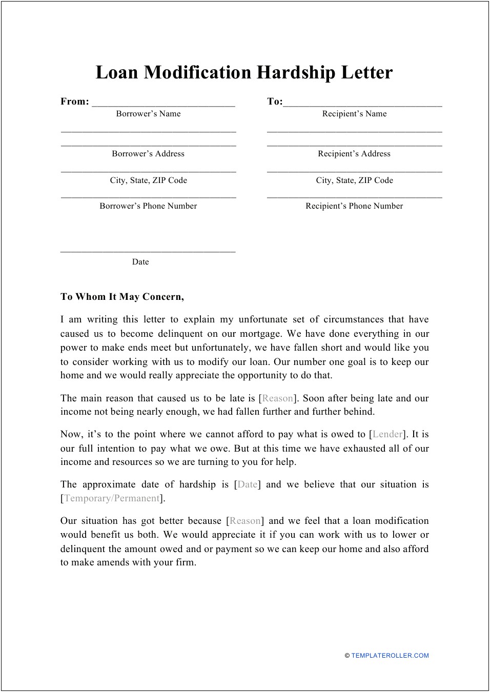 Loan Modification Letter Of Hardship Template