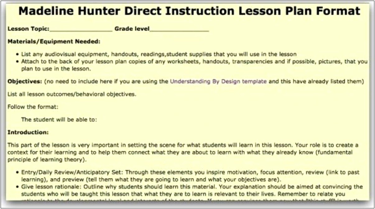 Madeline Hunter Lesson Plan Template 6 Steps