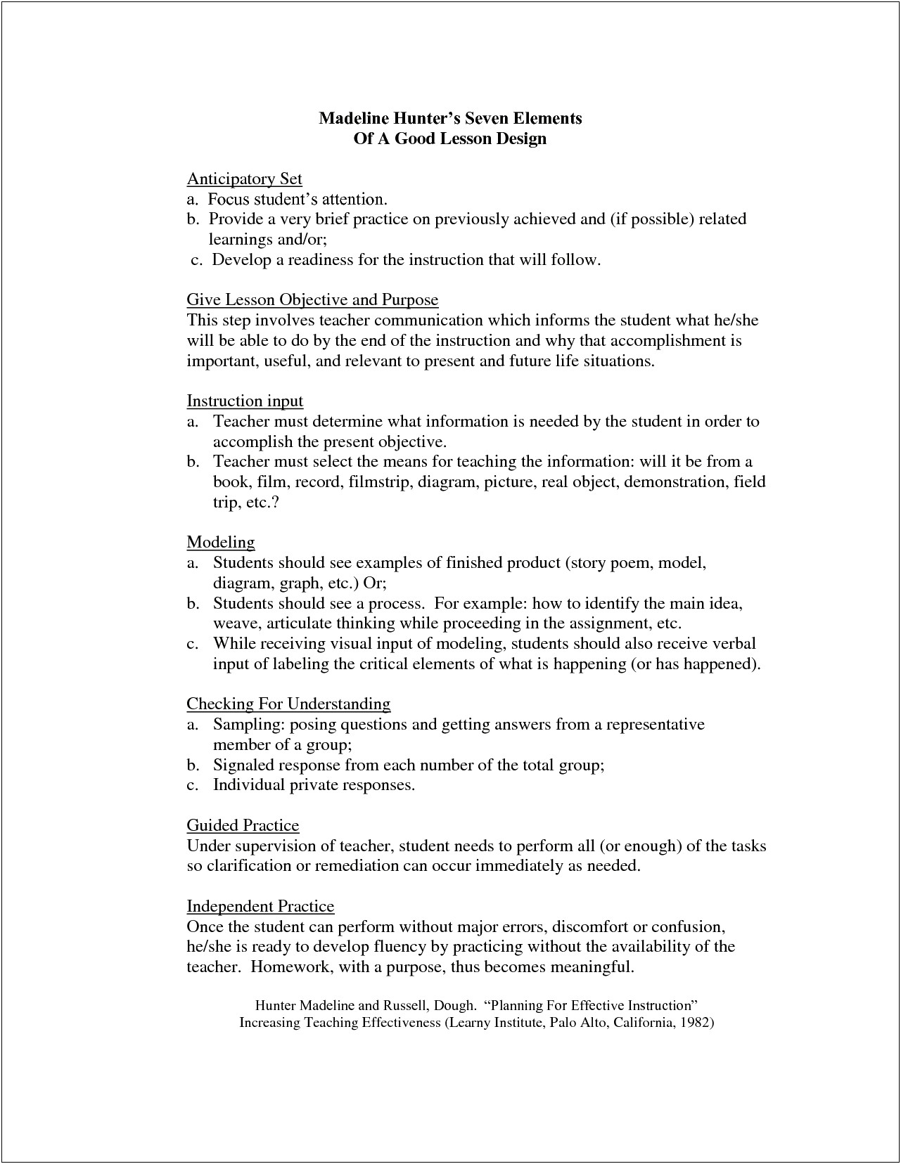 Madeline Hunter Lesson Plan Template Doc