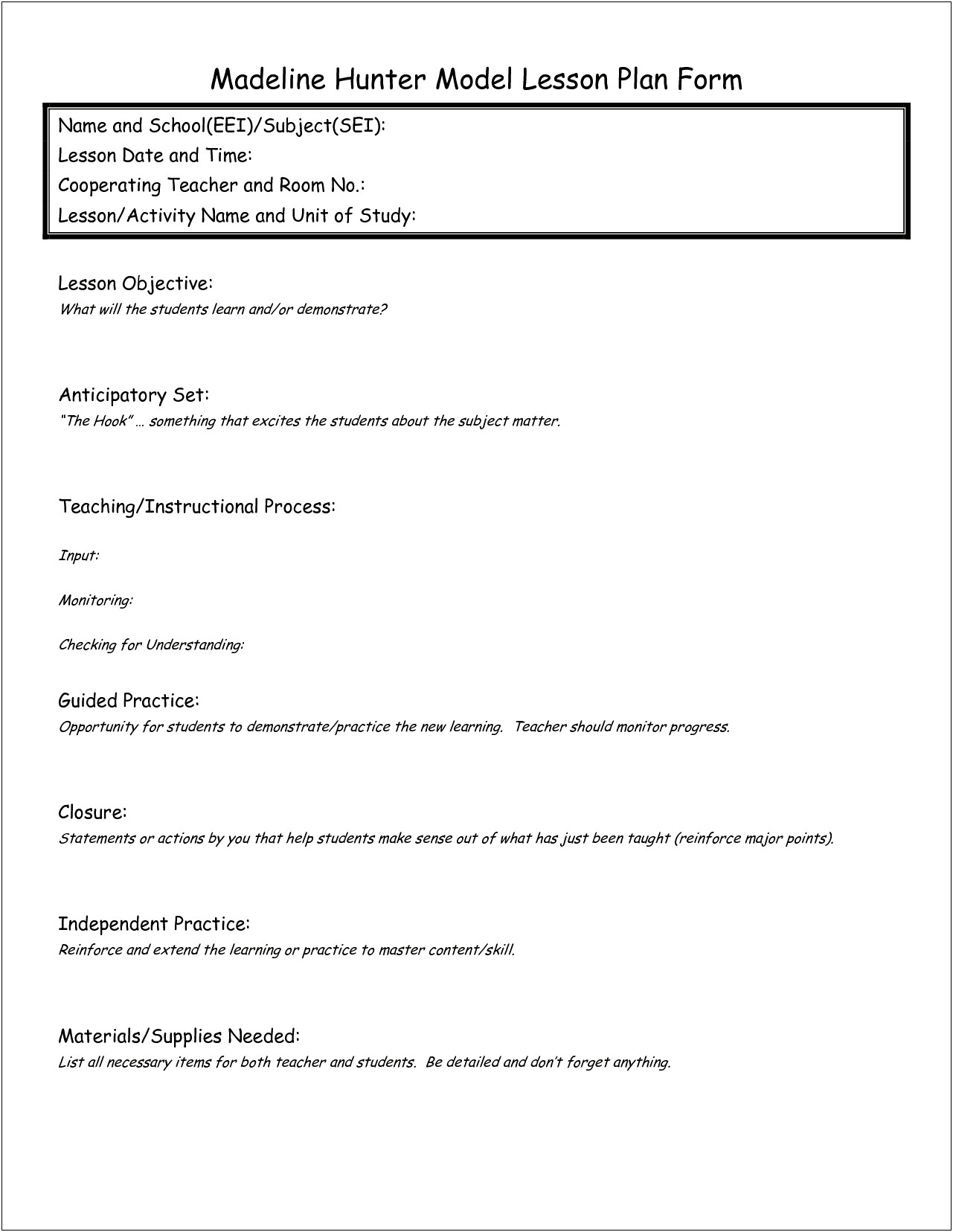 Madeline Hunter Lesson Plan Template Example