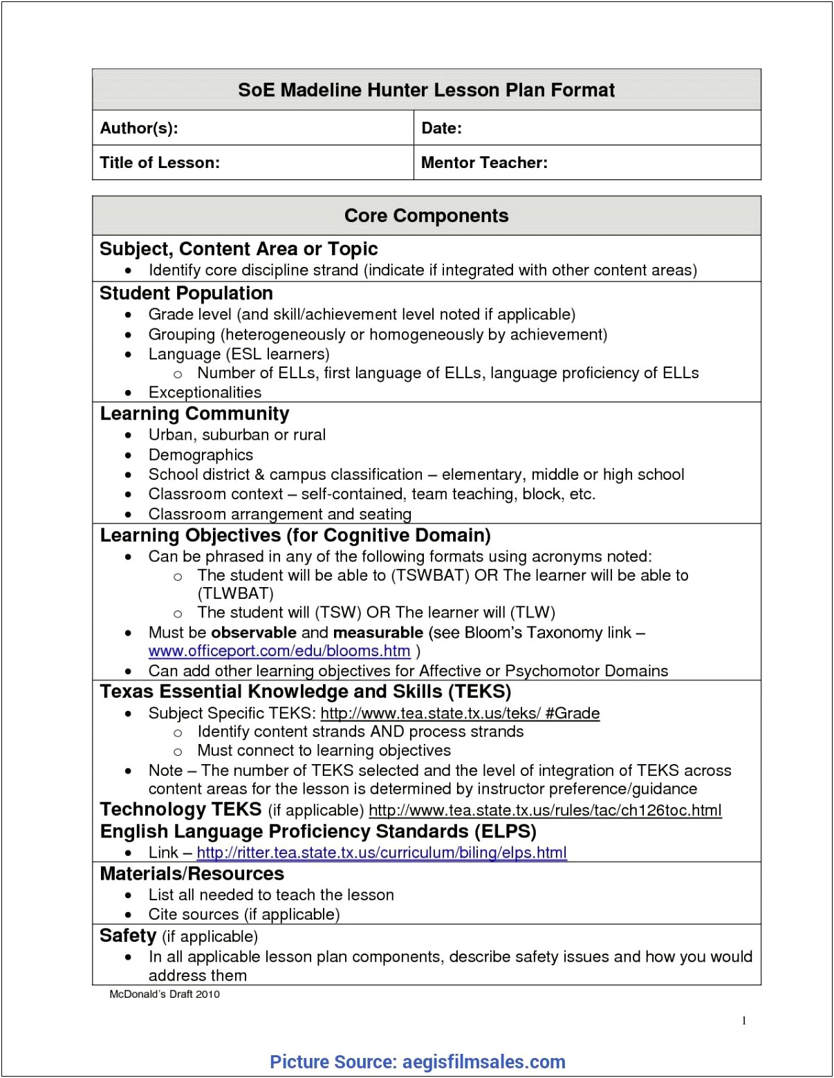 Madeline Hunter Lesson Plan Template Free