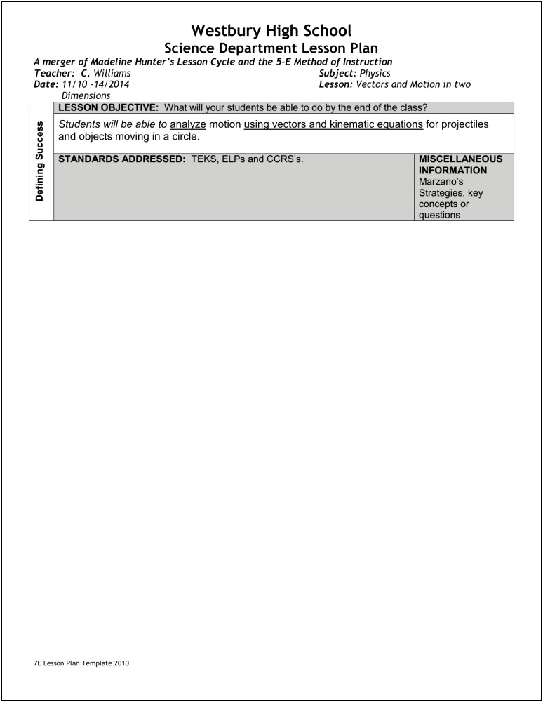 Madeline Hunter Lesson Plan Template Model