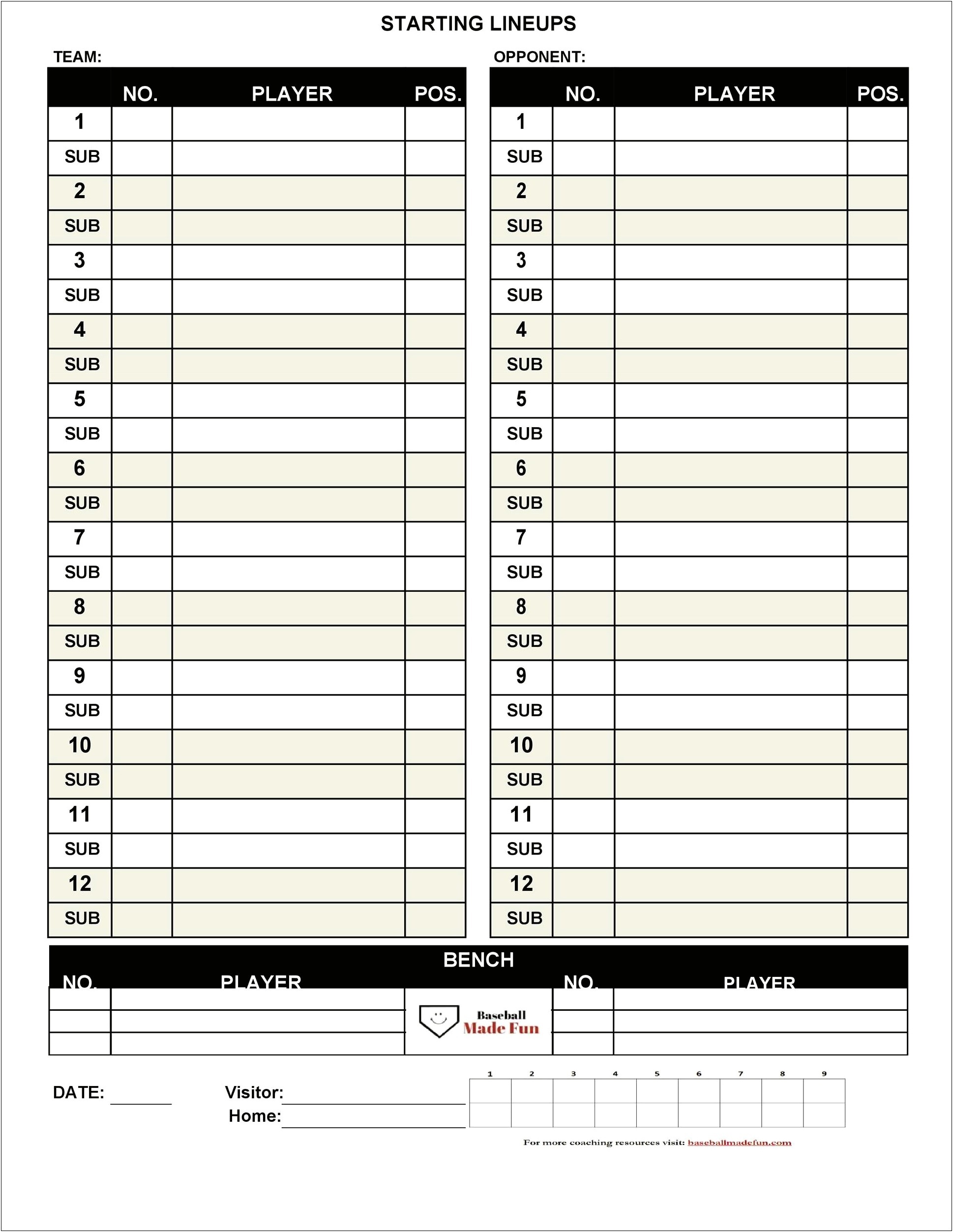 Major League Baseball Lineup Card Template