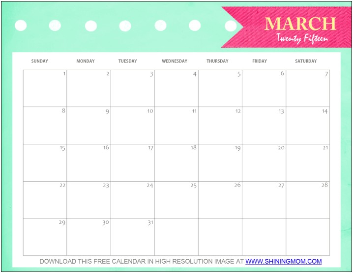 March 2015 Calendar Template Free Download