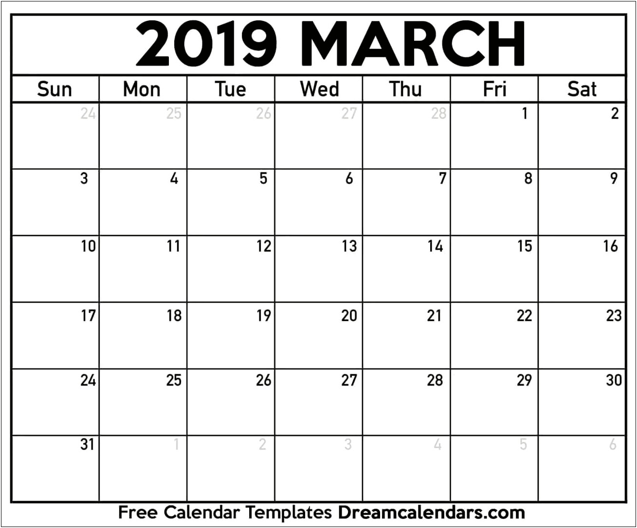 March 2019 Monthly Calendar Template Word