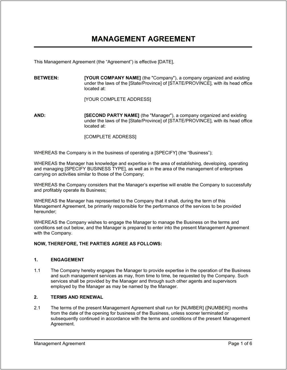 Marketing Management Agreement Template Word Doc