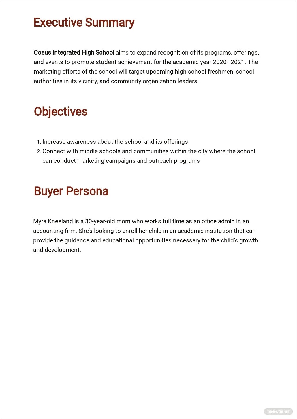 Marketing Plan Template For Highschool Students