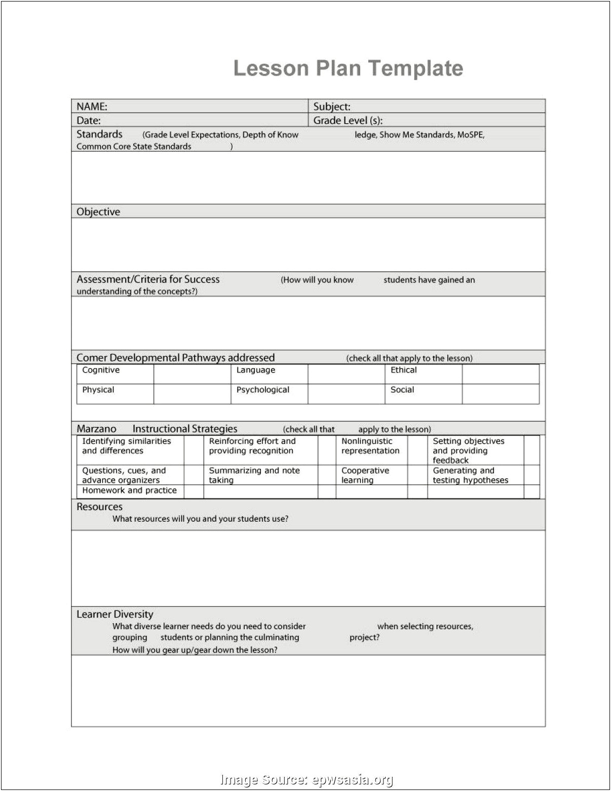 Marzano Lesson Plan Template High School Drama