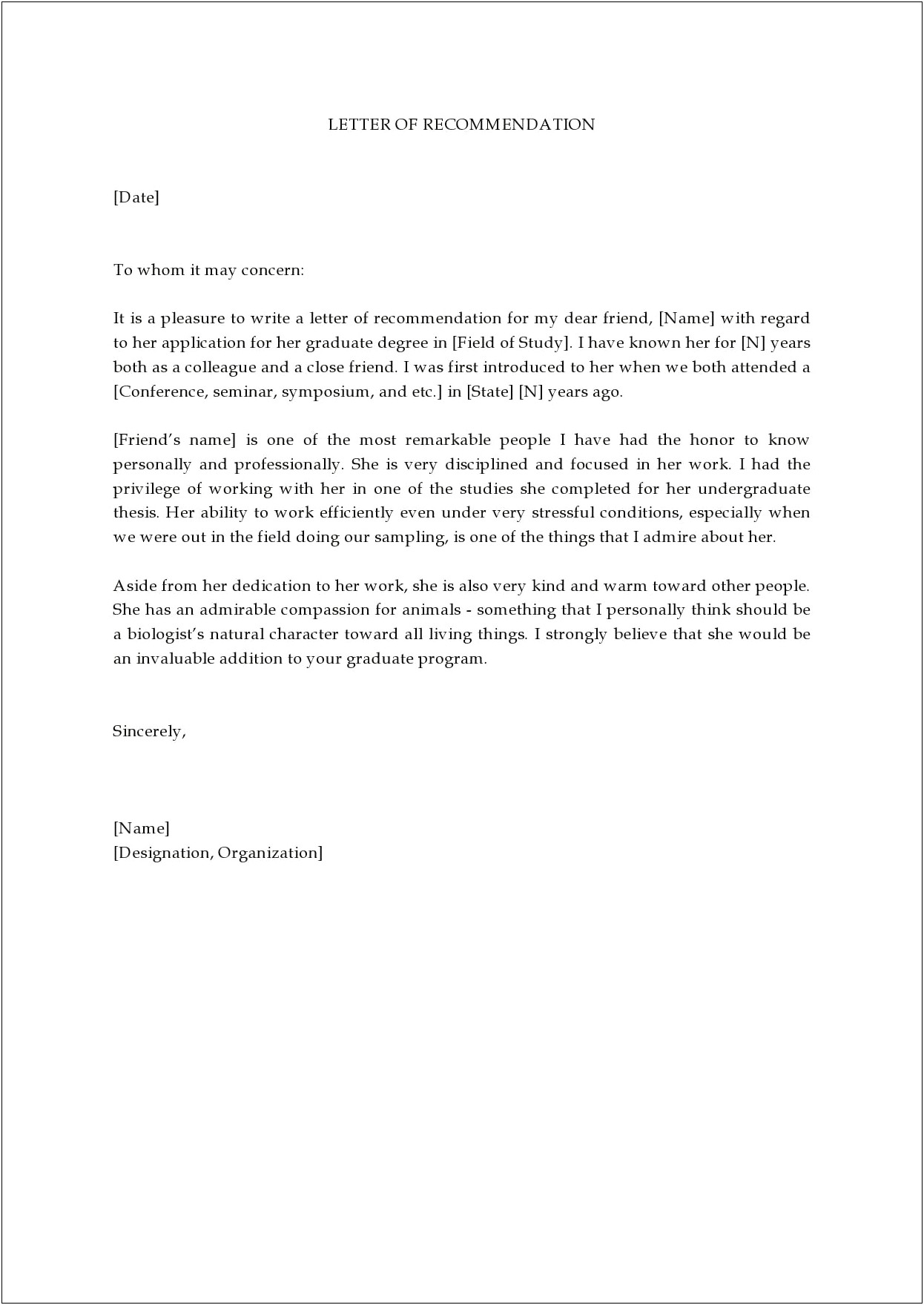 Masters Program Letter Of Recommendation Template