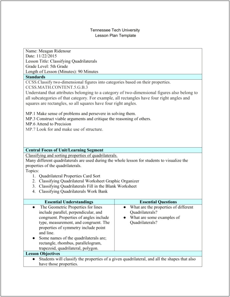 Math 3 Part Lesson Plan Template