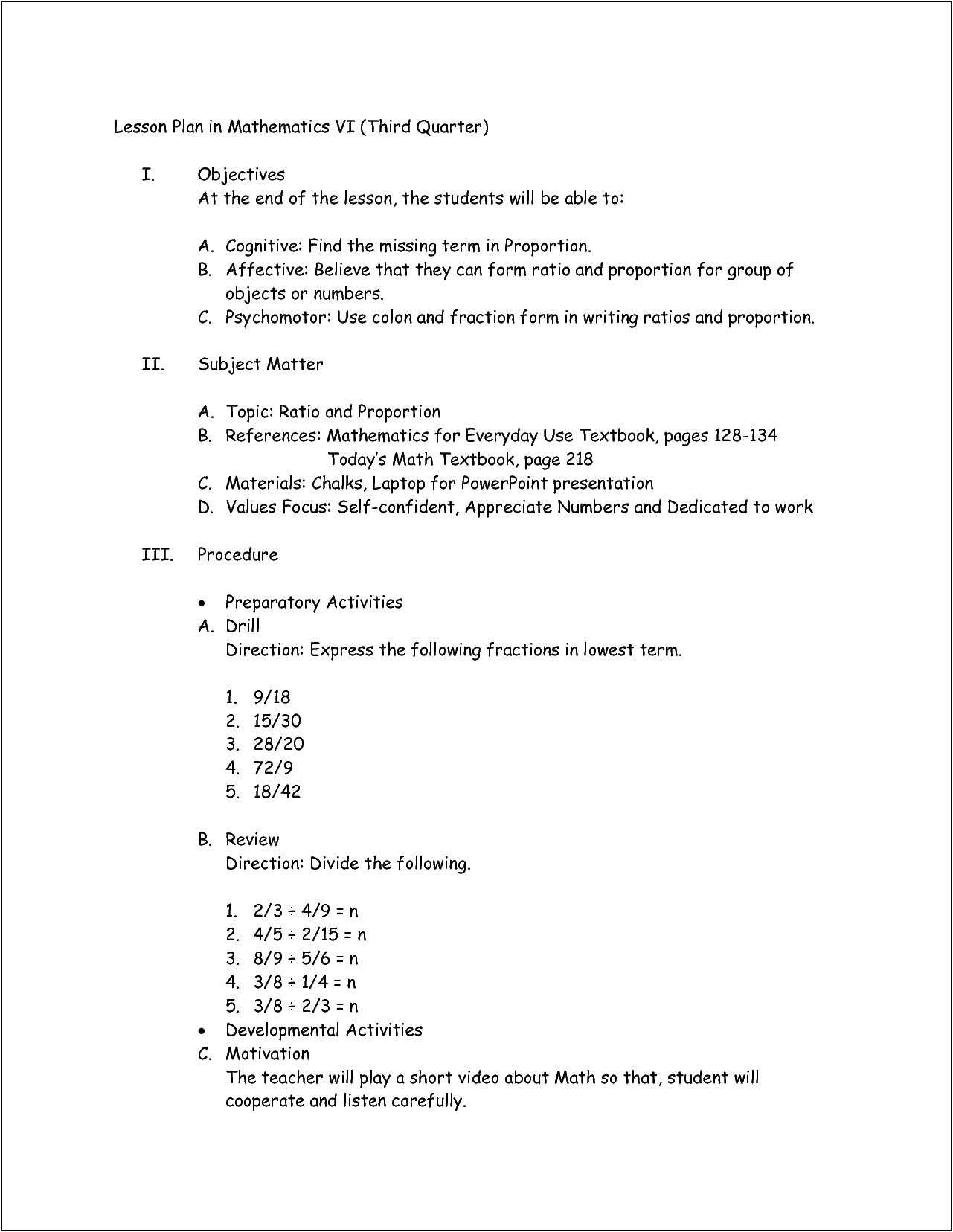 Math In Focus Lesson Plan Template