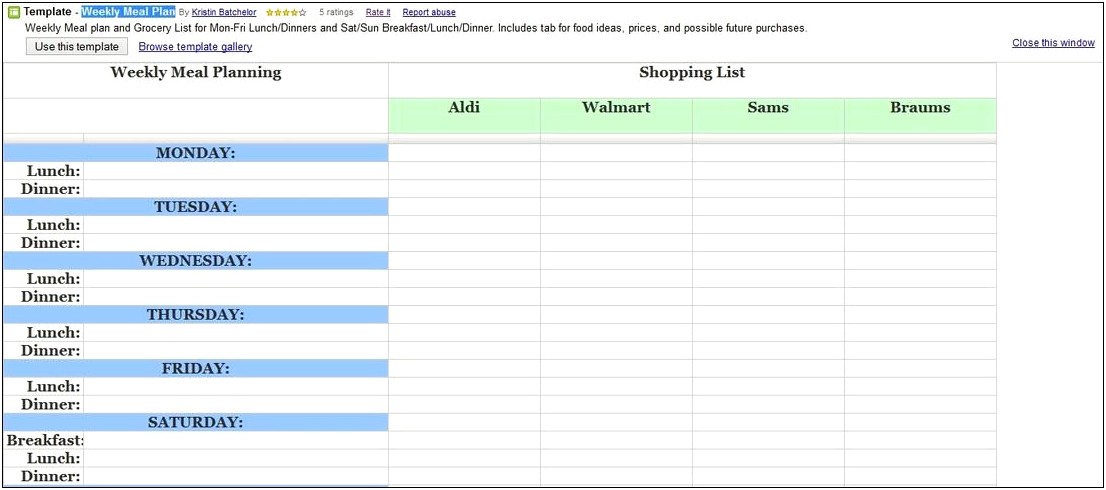 Meal Plan And Grocery List Template Google