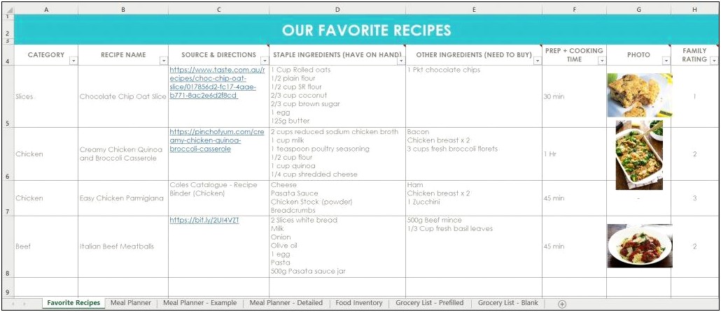 Meal Plan Shopping List Excel Template