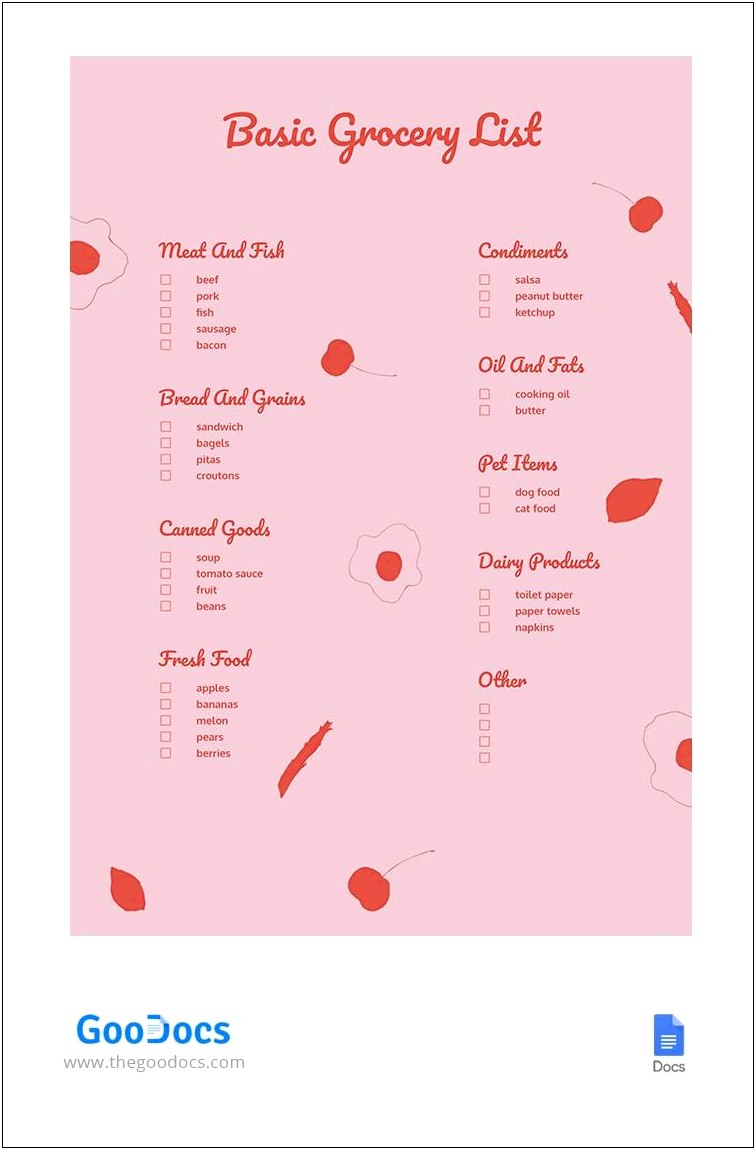 Meal Planning And Grocery List Template Google Docs