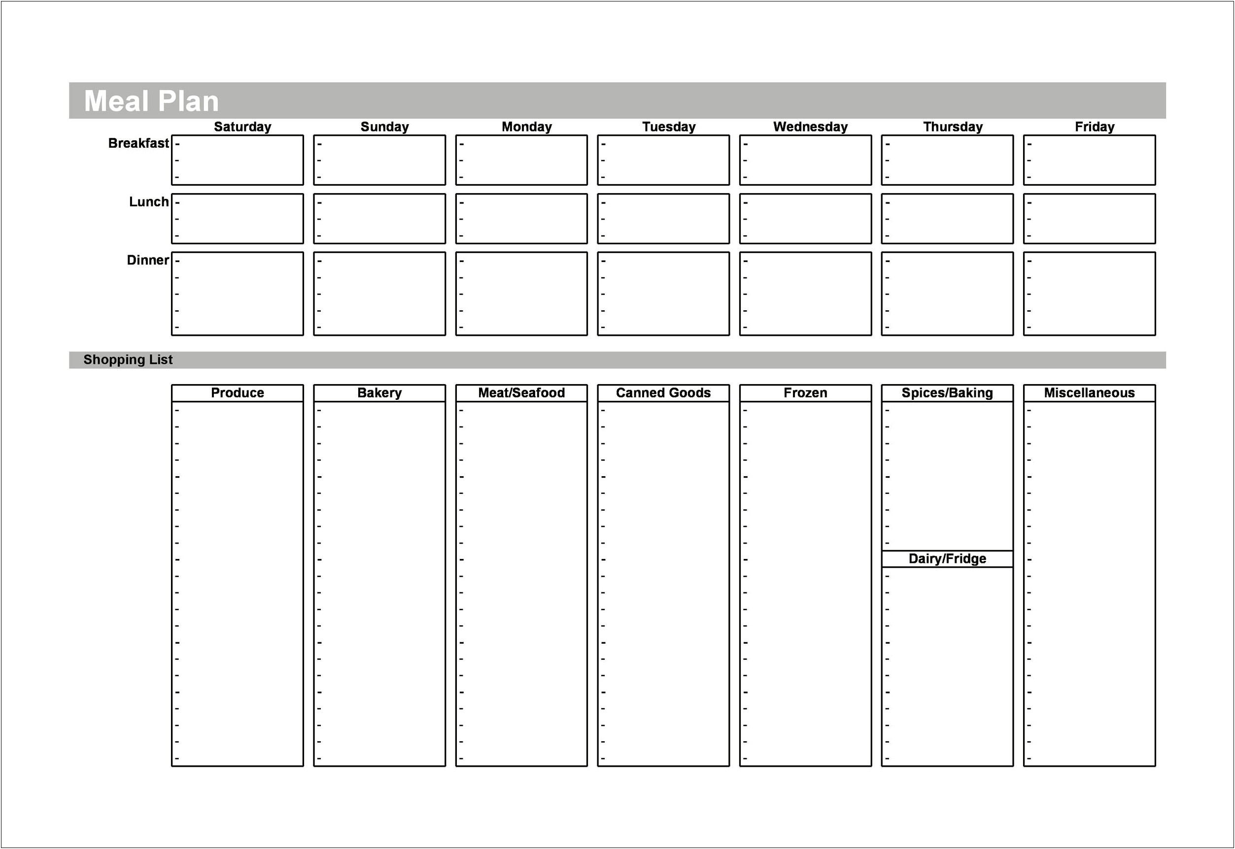 Meal Planning Template Lunch And Dinner