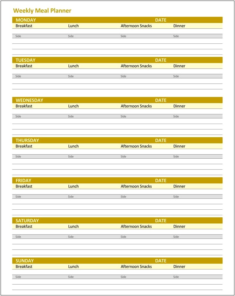 Meal Planning Template With Grocery List Excel