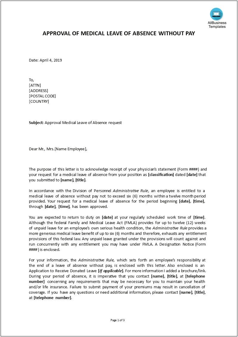 Medial Leave Of Absence Template Letter