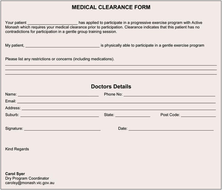 Medical Clearance Letter Template For Surgery